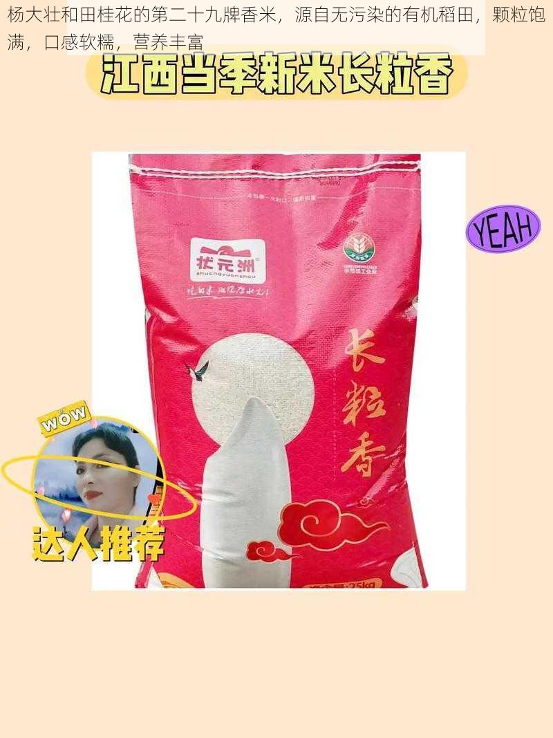 杨大壮和田桂花的第二十九牌香米,源自无污染的有机稻田,颗粒饱满,口感软糯,营养丰富